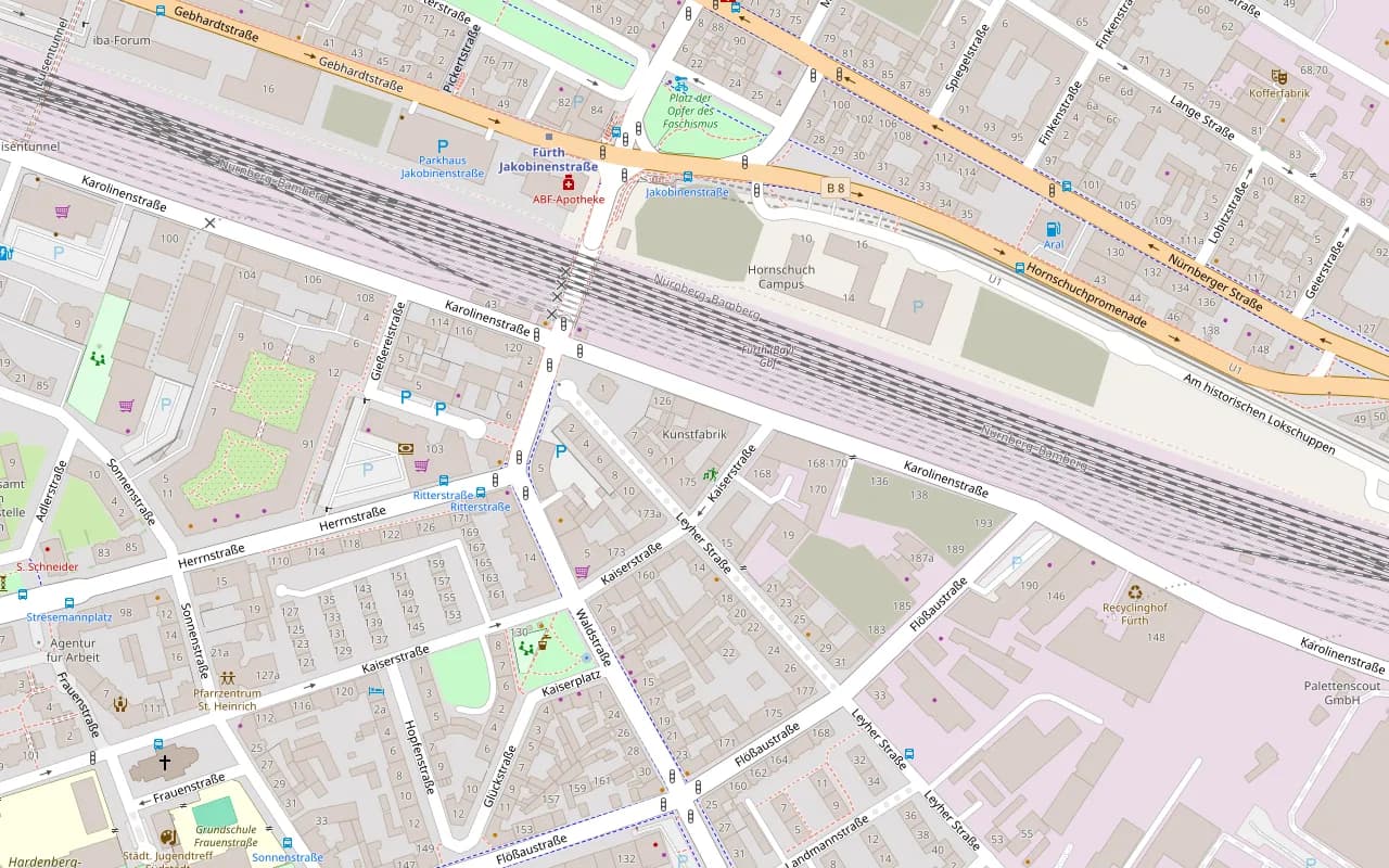 Kartenausschnitt von Fürth-Südstadt mit dem Standort des BV Q-Club in der Kaiserstraße 177 (Kunstfabrik), nahe der Karolinenstraße